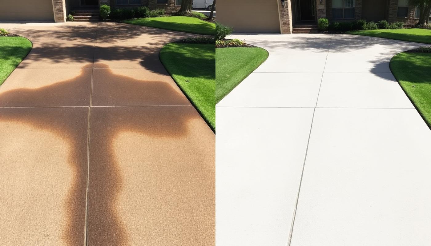 Before and after pressure washing a stained residential concrete driveway in Texas