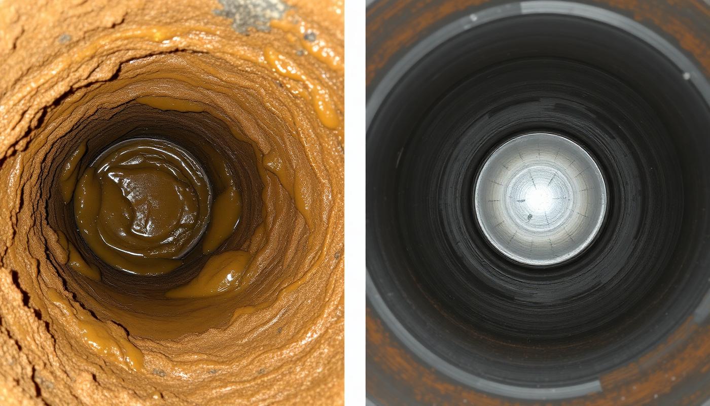 Before and after hydrojetting: grease-clogged cast iron sewer pipe restored to clean full diameter