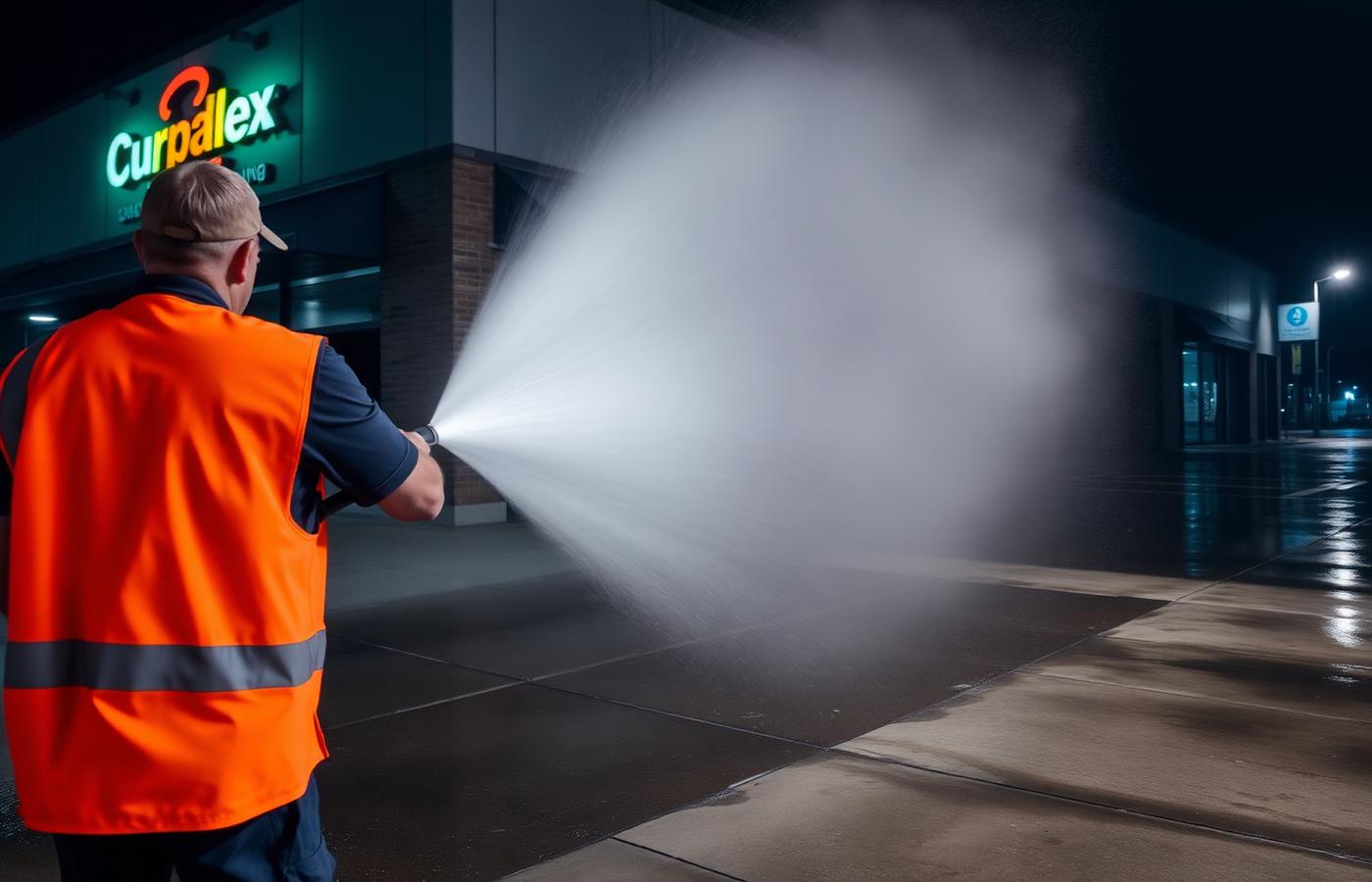 Drainiacs crew pressure washing a commercial dumpster pad after hours in Dallas-Fort Worth