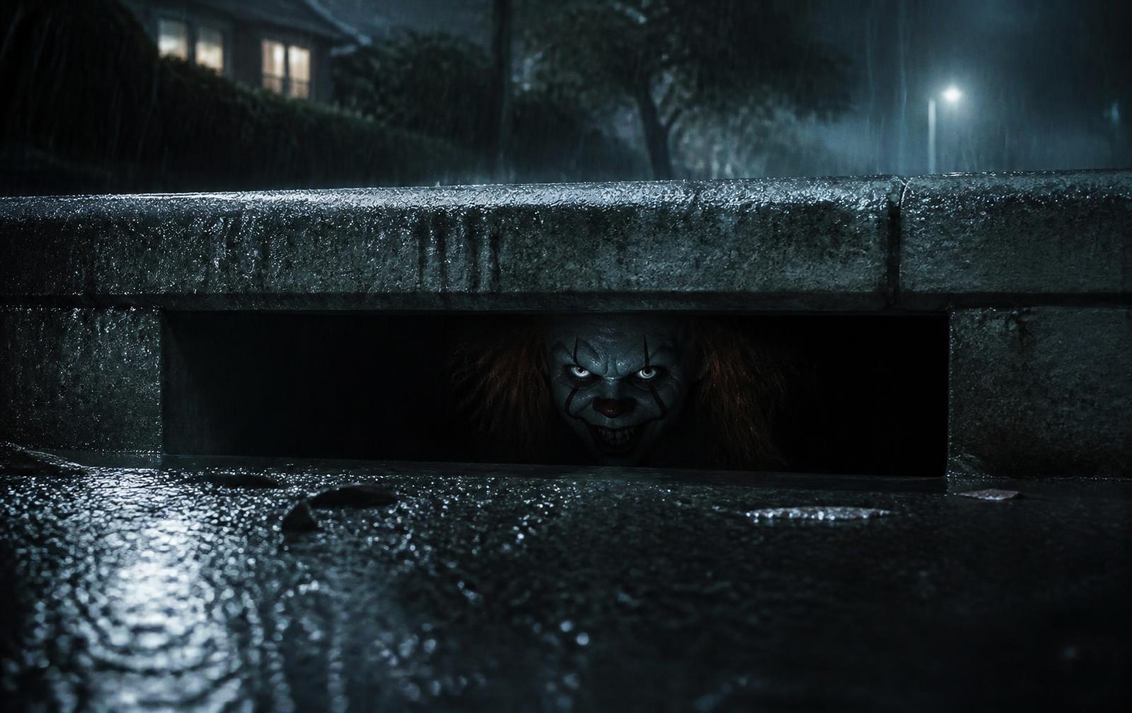 A grinning clown lurking inside a storm drain on a rain-soaked Dallas street at night