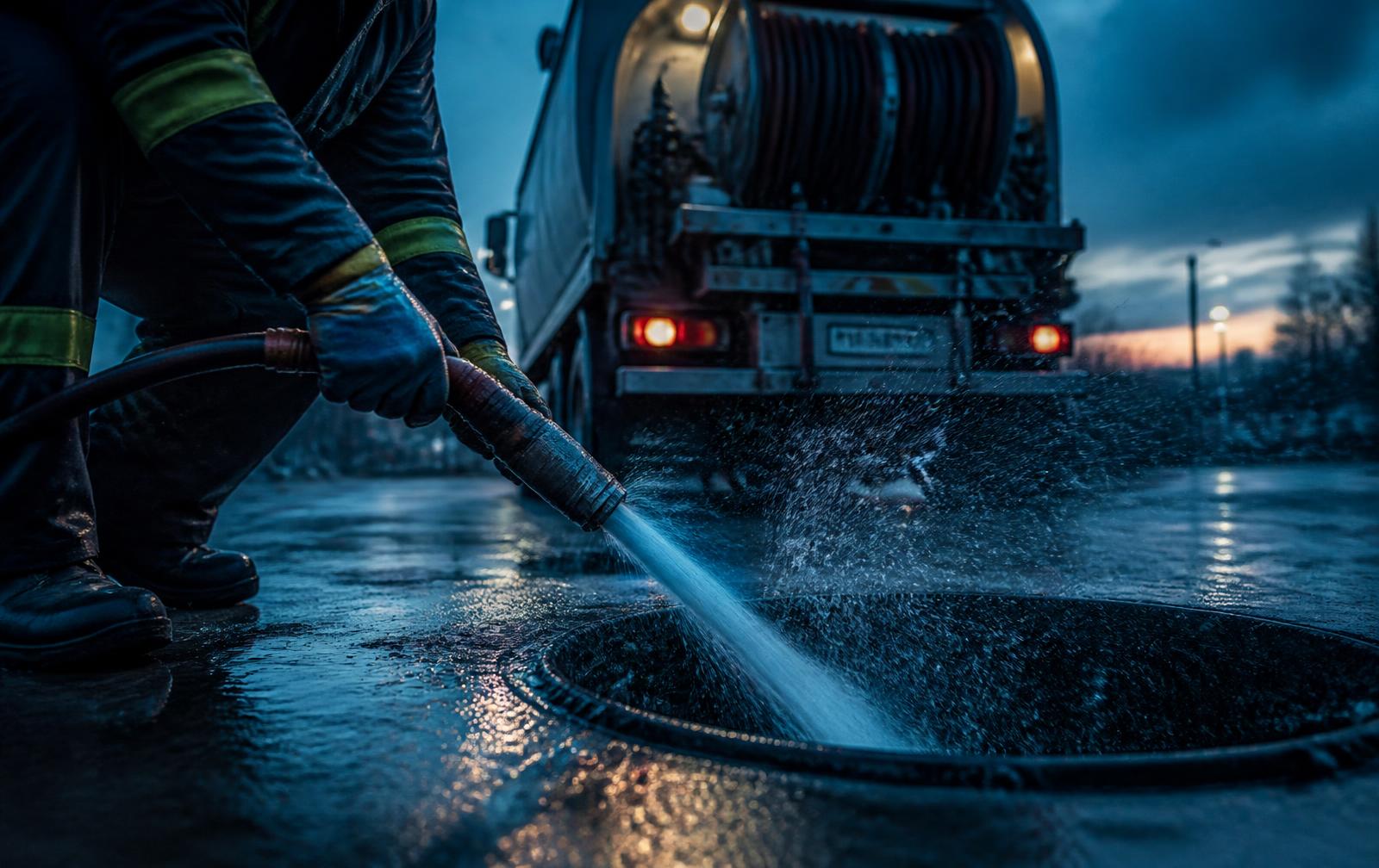 Drainiacs technician operating a truck-mounted hydrojetter in Dallas-Fort Worth